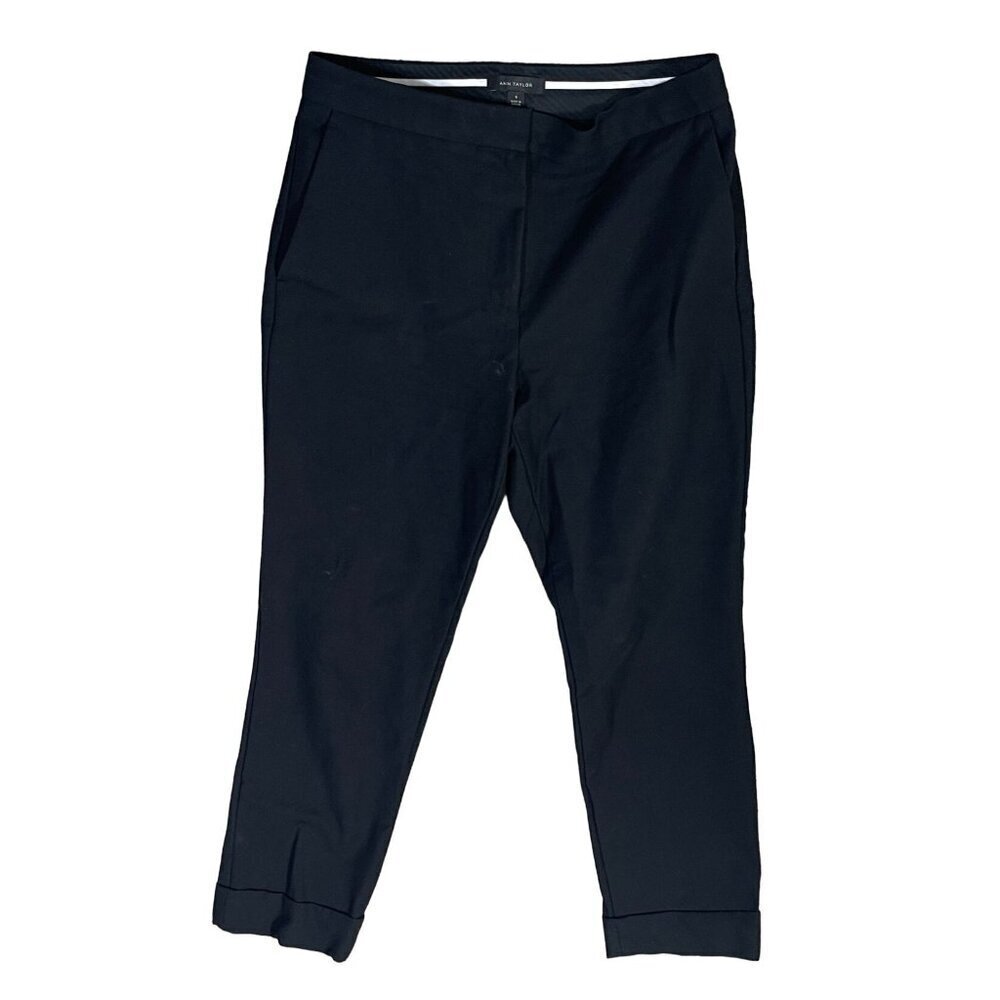 Ann Taylor Cuffed Trouser Pants Black Stretch Cropped Size 8 Flat Front